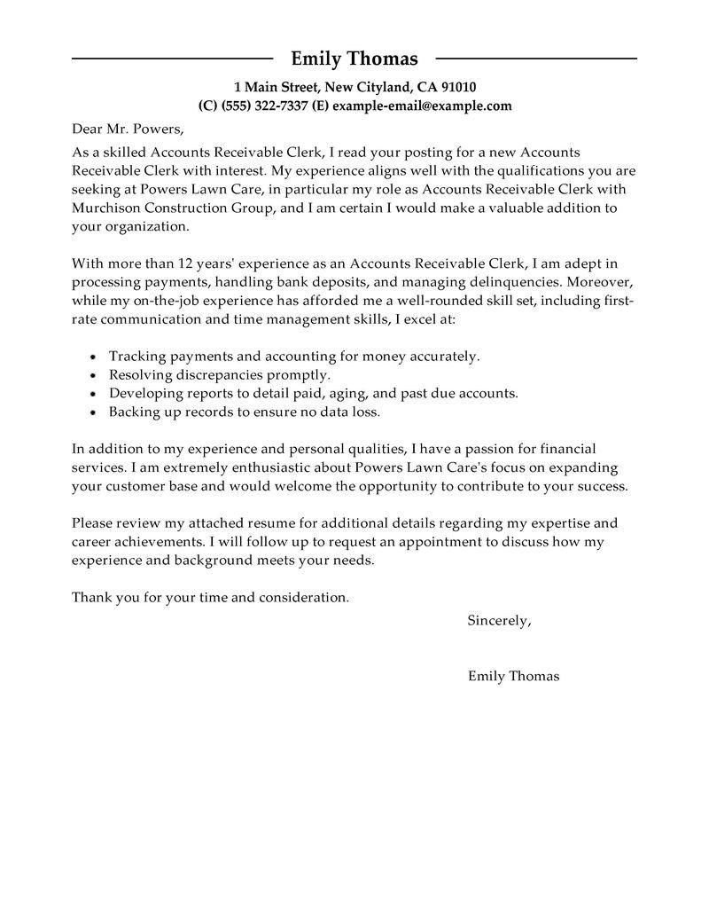 Leading Professional Accounts Receivable Clerk Cover Letter Examples
