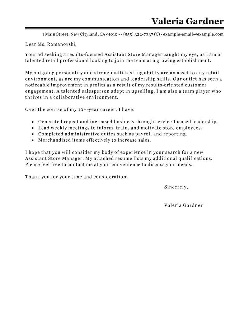 Leading Professional Assistant Store Manager Cover Letter Examples