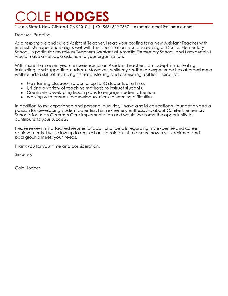 Leading Professional Assistant Teacher Cover Letter Examples