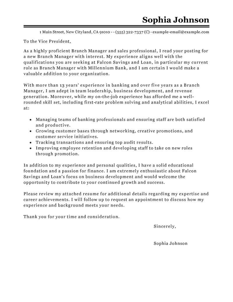 Leading Professional Branch Manager Cover Letter Examples