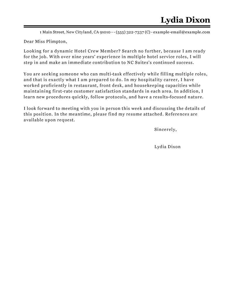 Hotel Cover Letter Sample Monte