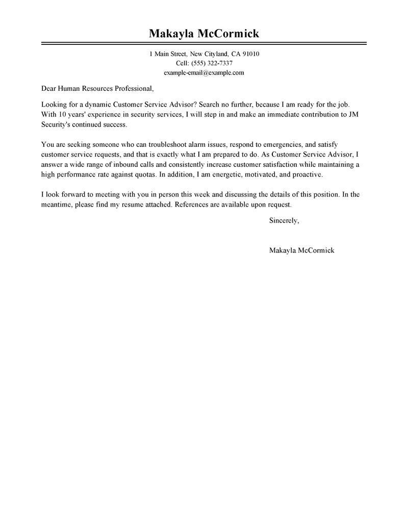 Customer Service Advisor Cover Letter Sample