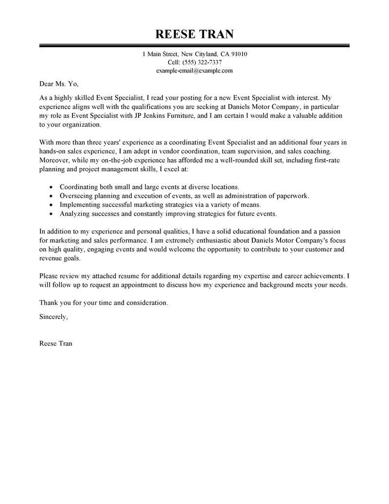 Leading Professional Event Specialist Cover Letter Examples