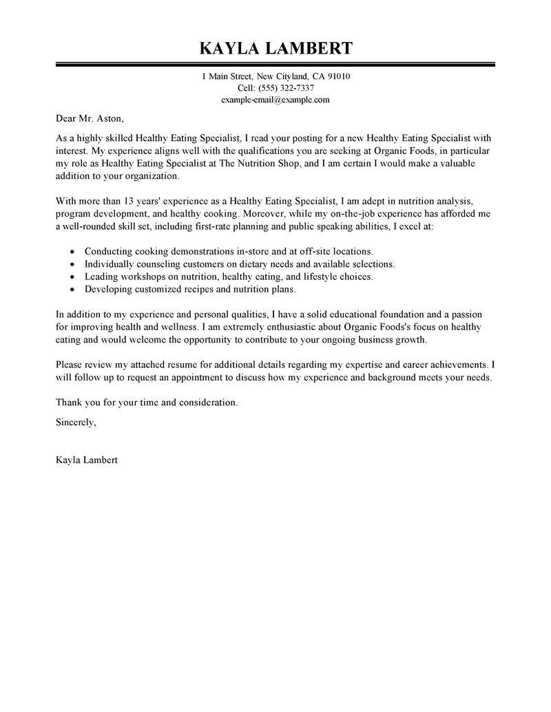 Leading Professional Food Specialist Cover Letter Examples