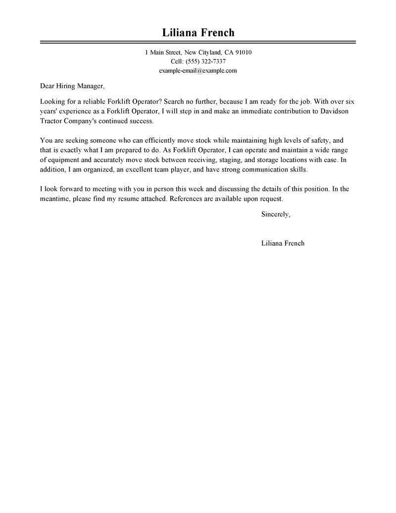 Leading Professional Forklift Operator Cover Letter Examples
