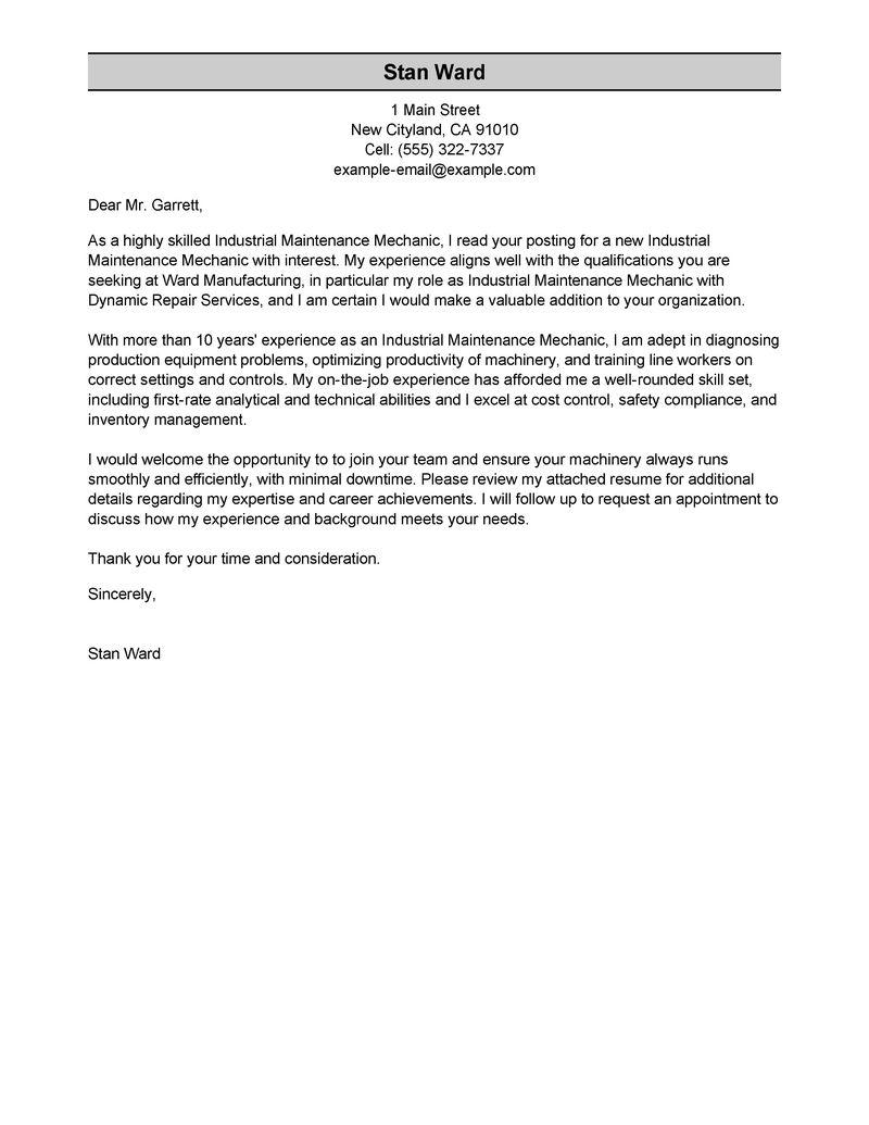 leading professional industrial maintenance mechanic cover letter
