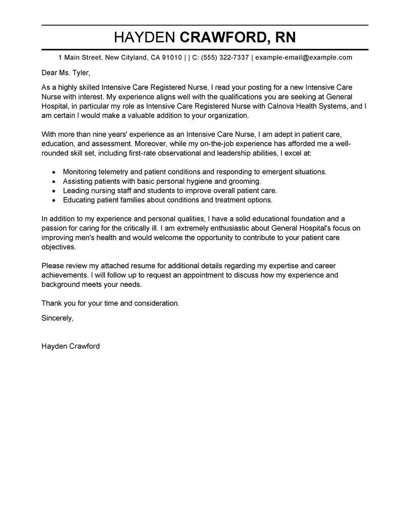 Leading Professional Intensive Care Nurse Cover Letter Examples