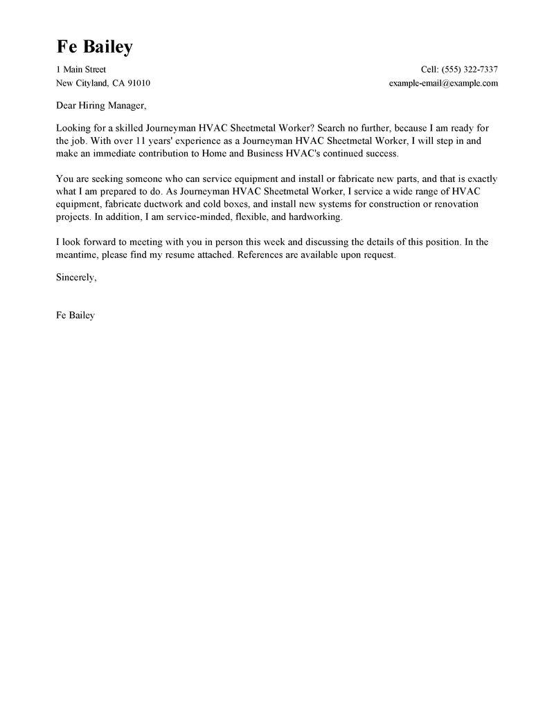 leading professional journeymen hvac sheetmetal workers cover letter hvac cover letter example