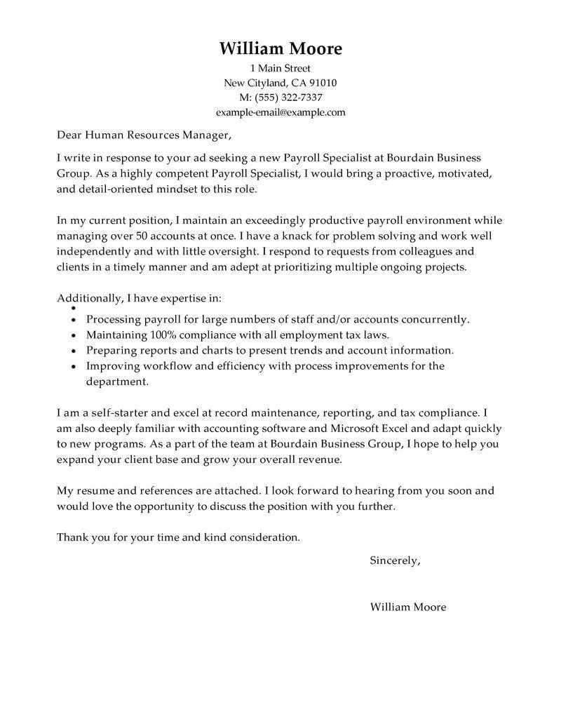 Leading Professional Payroll Specialist Cover Letter Examples