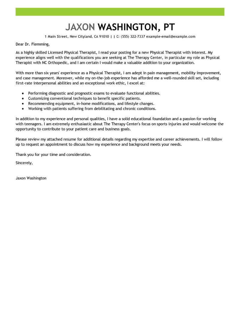 leading professional physical therapist cover letter