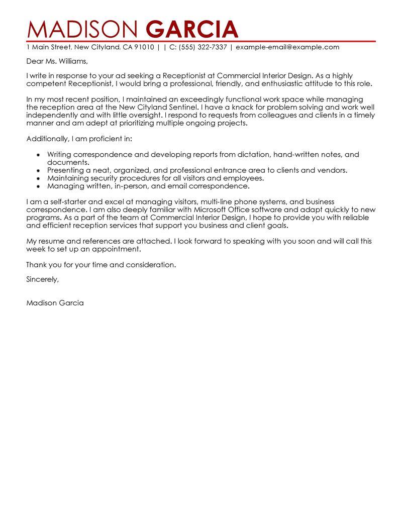 Leading Professional Receptionist Cover Letter Examples