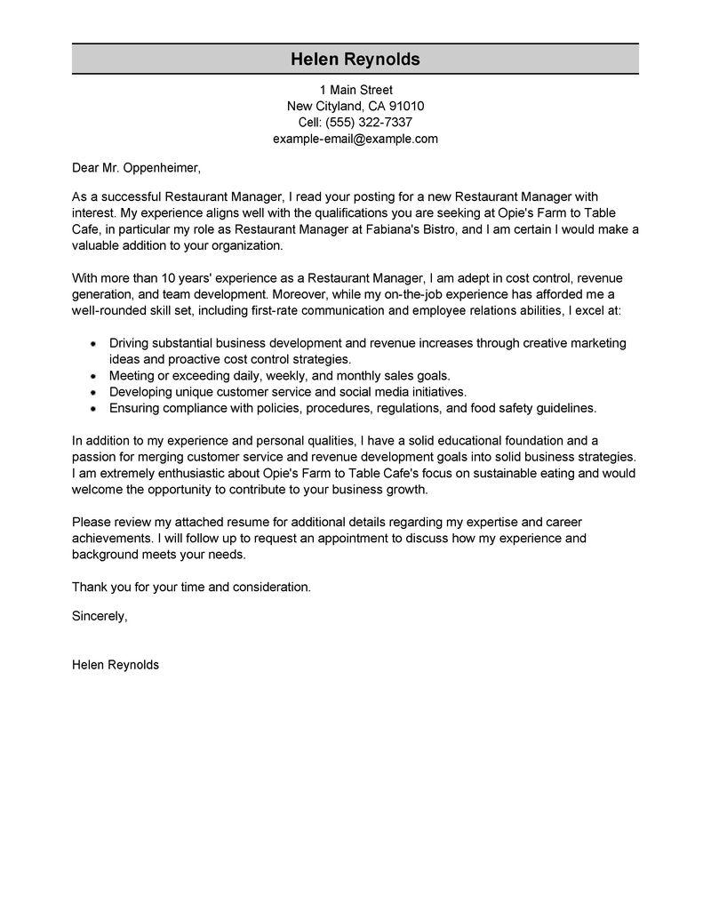 Leading Professional Restaurant Manager Cover Letter Examples