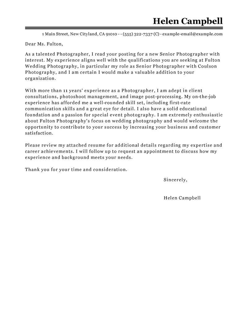 Leading Professional Senior Photographer Cover Letter Examples