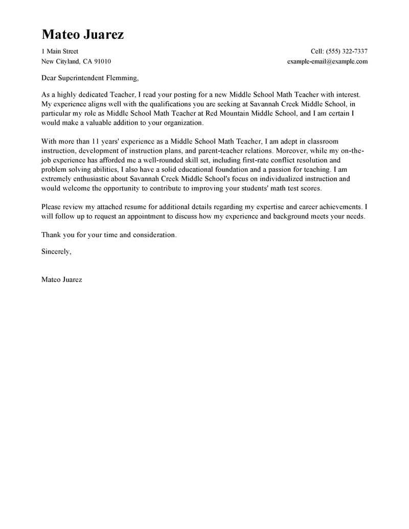 Leading Professional Teacher Cover Letter Examples And Resources Myperfectcoverletter