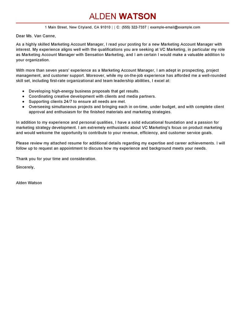 Leading Professional Account Manager Cover Letter Examples