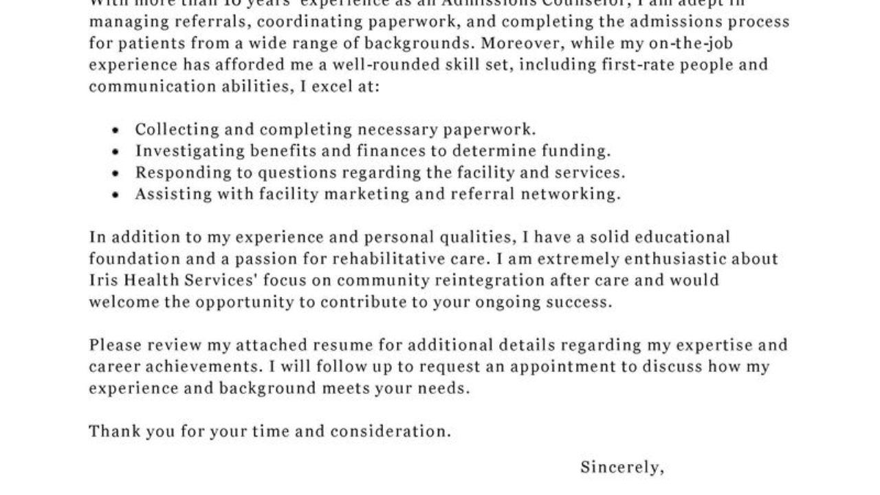 admission counselor cover letter no experience