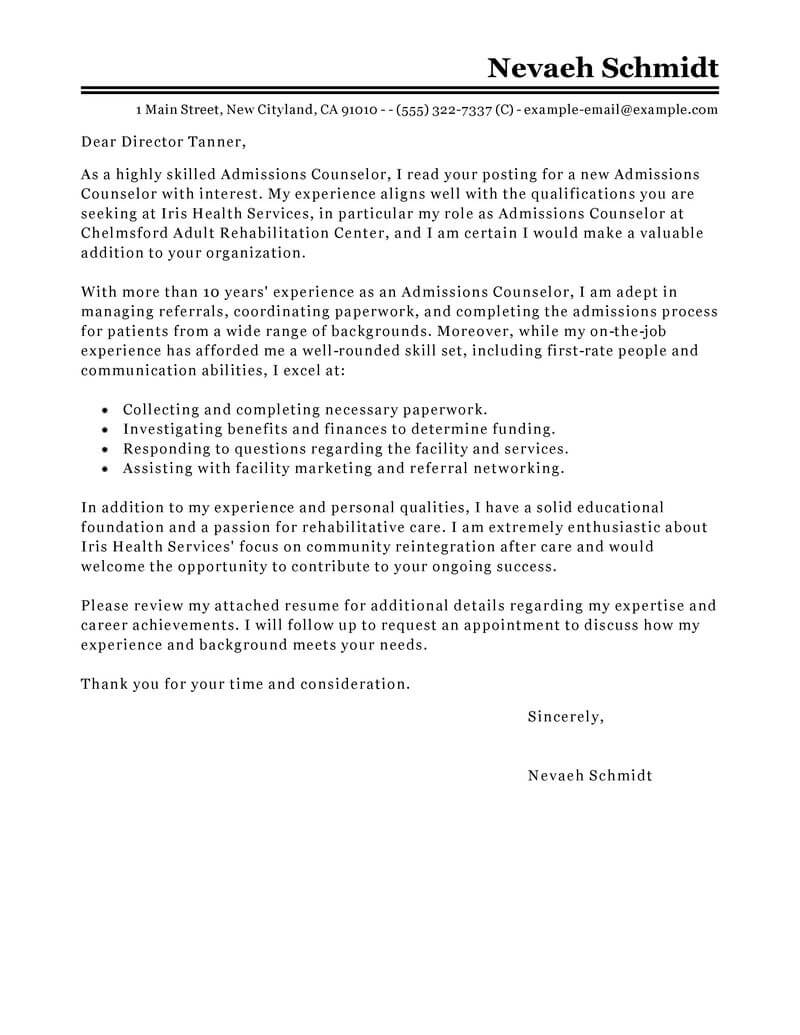 Cover letter for admissions advisor