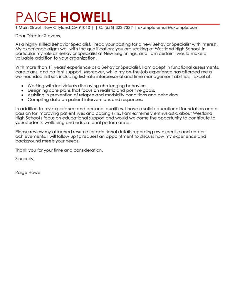 Leading Professional Behavior Specialist Cover Letter Example Cover