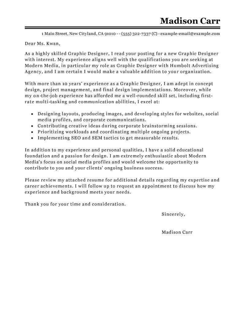 Leading Professional Graphic Designer Cover Letter Examples