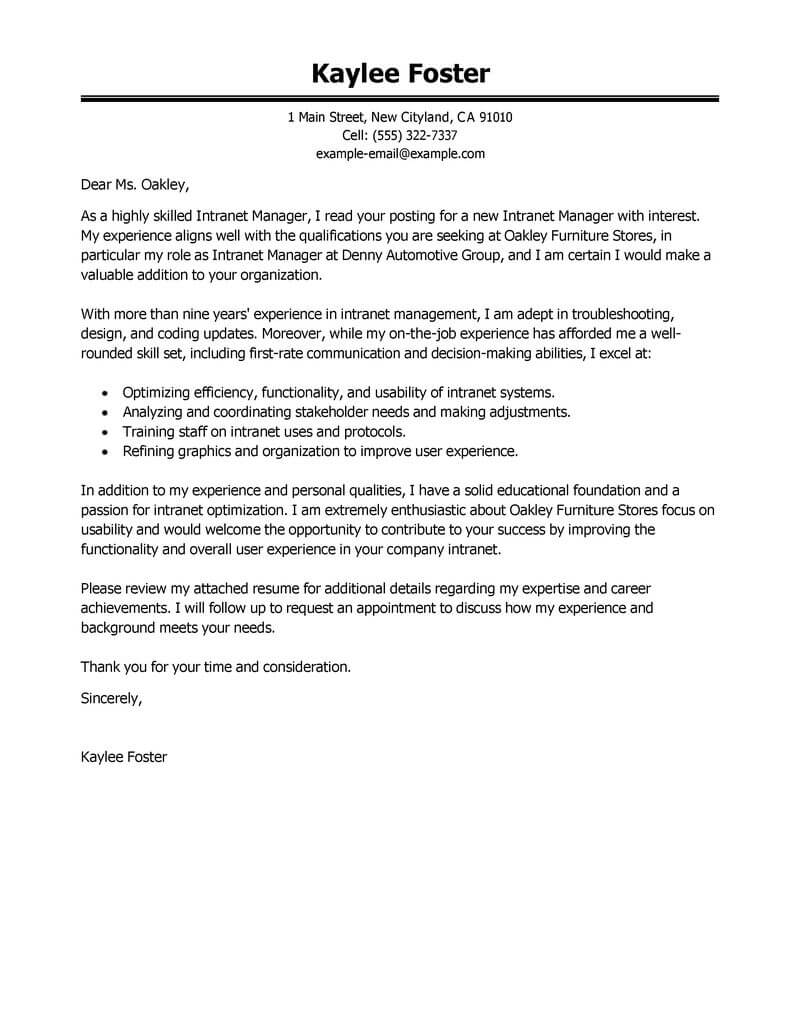 leading professional intranet manager cover letter examples user experience cover letters
