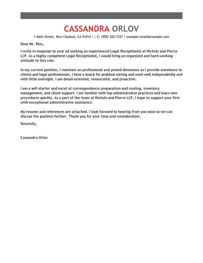 Leading Professional Legal Receptionist Cover Letter Examples