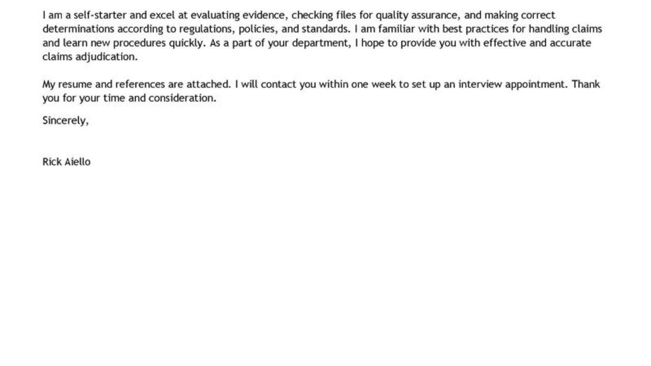 leading professional medical claims adjudicator experienced claims cover letter