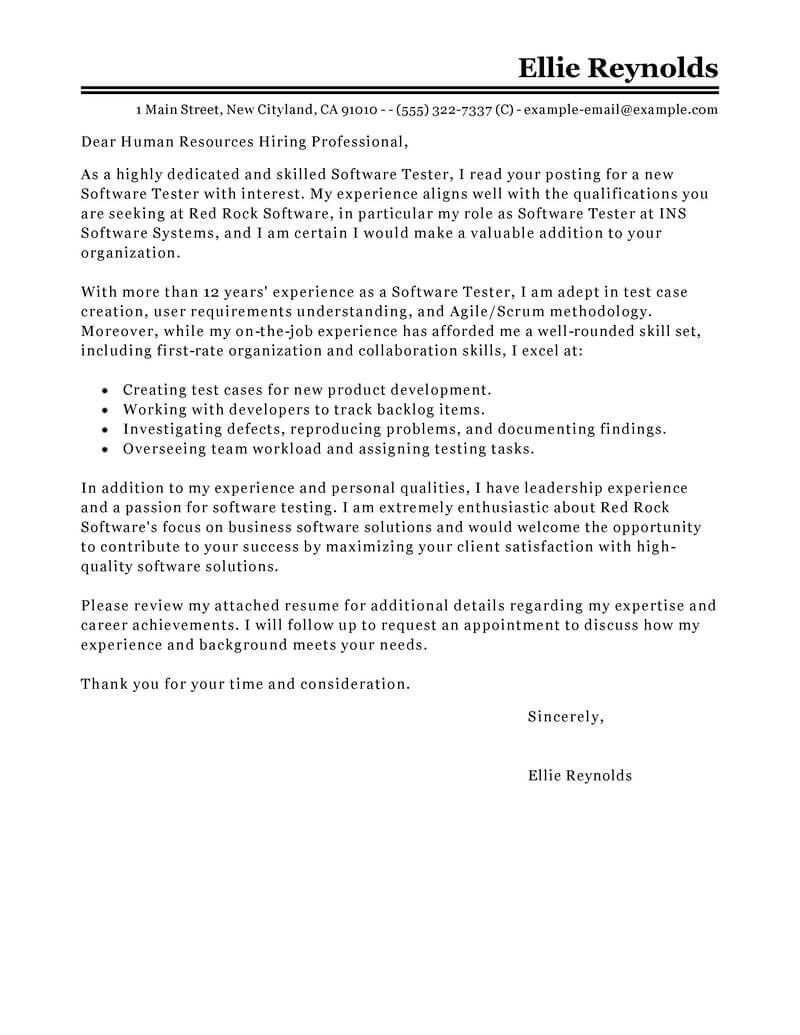 leading professional software testing cover letter