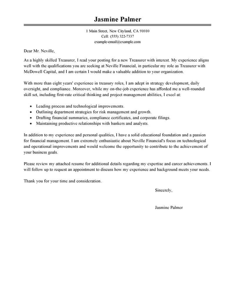 leading professional treasurer cover letter examples